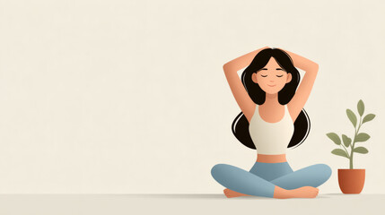 Fototapeta premium Peaceful meditation by young asian female in minimalist space with plant