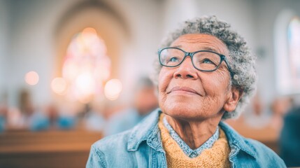 Elderly woman reflects during a church service in a serene environment