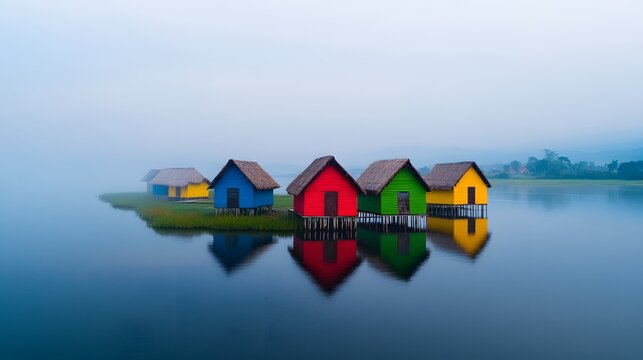 Row of colorful houses on calm lake, misty foggy morning, peaceful waterfront cottages, vibrant reflections on water, tranquil landscape photography, serene village scenery
