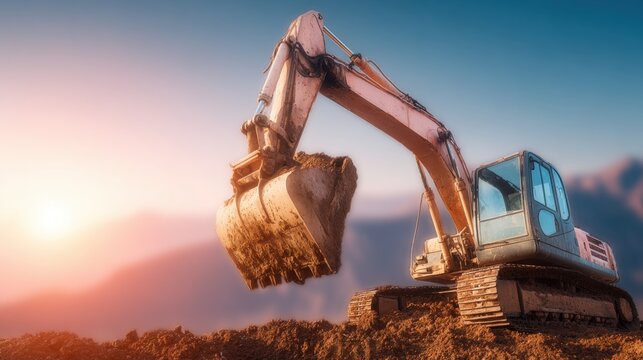 Excavator working at construction site during sunset in mountainous terrain