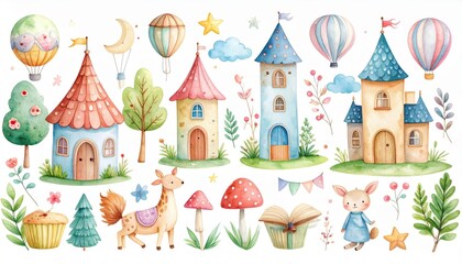 Watercolor Illustrations Of Magical Fairy Tale Houses And Animals