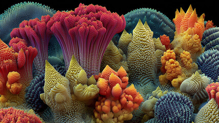 A micro scale forest of spiky structures rising like coral, conveying colony expansion, biodiversity, and biomimicry for science design.
