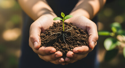 Cupped Hands Holding Small Green Plant with Soil, Symbolizing New Life Growth