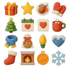 3d holiday icon set featuring gift, star, feast, mittens, tree, calendar, heart, cocoa, scarf, ornament