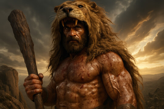 Heracles the Mighty Greek Hero Wearing a Lion&rsquo;s Head Headdress and Holding a Wooden Club, Depicted as a Powerful Mythic Warrior.