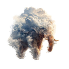 A majestic elephant emerges from swirling clouds, a surreal blend of nature's power and serenity