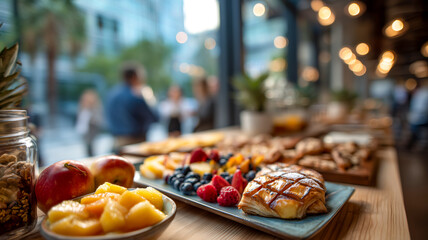 Beautifully arranged food buffet with fruits, pastries, and snacks. Ideal for event catering or a delicious brunch selection.