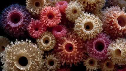 Ringed microstructures resembling coral blooms, representing cell communication networks, biomimicry design, and systems thinking in biology. 
