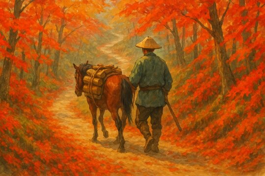紅葉の山道を行く荷馬と農夫