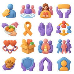 3d community icon set featuring support, donation, diversity, empathy, care, togetherness, and charity symbols