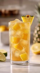 Fototapeta premium Refreshing, golden-yellow cocktail in a tall glass filled with ice. A pineapple wedge sits atop the drink