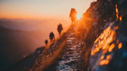 Hikers trek along a mountain path during sunset in the wilderness