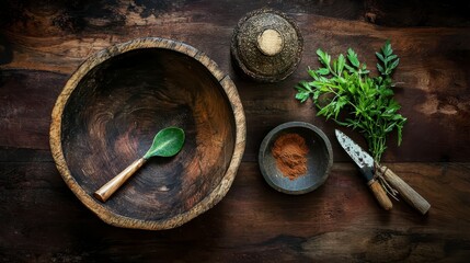 Rustic wooden kitchen setup featuring an empty bowl, spoon, herbs, spices, and knives on a textured wooden surface