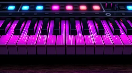 An artistic close-up of illuminated piano keys with a vibrant purple glow, creating a dynamic atmosphere for musical creativity.
