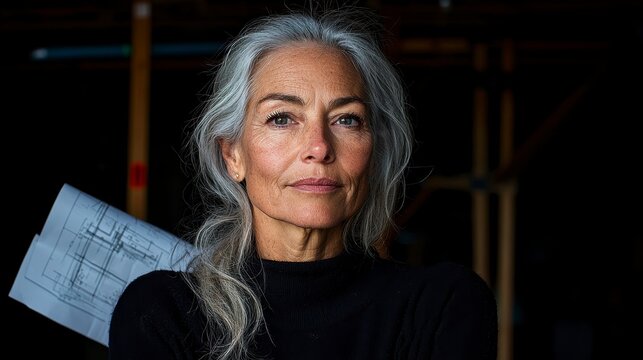 Confident mature woman with silver hair standing in a construction site holding architectural blueprints in a thoughtful pose
