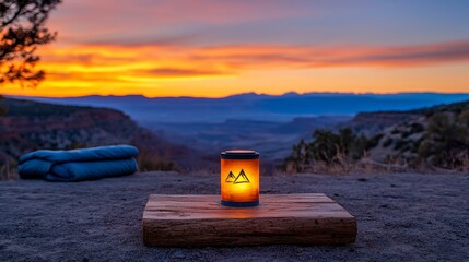 A serene evening campsite scene showcasing a glowing lantern illuminating a wooden surface against a breathtaking sunset backdrop
