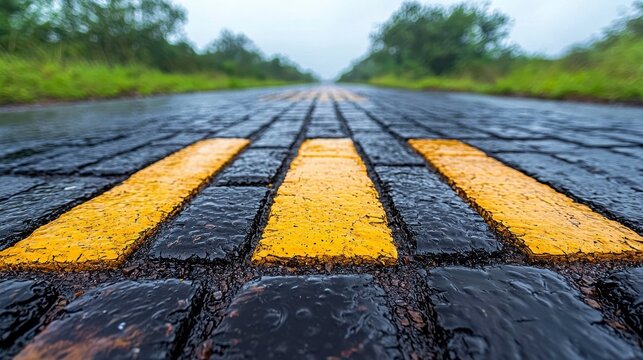 A close-up view of wet yellow road markings on a rainy day showcasing vibrant reflections on a deserted road surrounded by greenery