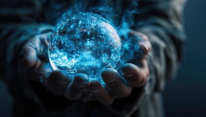 Cupped hands gently cradle a glowing, ethereal glass sphere emitting cool blue energy and wisps of smoke against a dark background