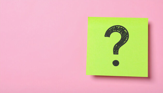 A bright green sticky note with a large black question mark on a pink background, symbolizing curiosity or inquiry.