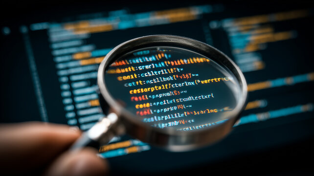 Magnifying glass examining source code on a monitor, illustrating software audit, bug detection, and robust code quality assurance.
