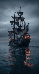 A majestic, dark-hulled galleon sails on a moody sea under a brooding, grey sky.  Lanterns glow warmly on its deck, reflected in the water