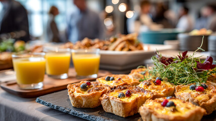 Obraz premium Delicious brunch spread with mini quiches, fresh juice, and assorted appetizers at a catered event. Enjoy the tasty selections.