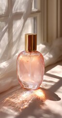 A rounded glass perfume bottle with a gold cap sits on a sheer fabric near a sunlit window, casting a warm glow