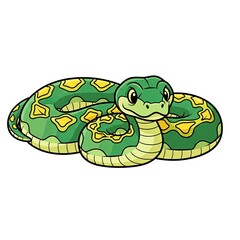 Fototapeta premium Cartoon green snake with yellow spots curled up on white background 