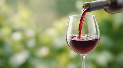 Red wine pouring into glass with greenery in background
