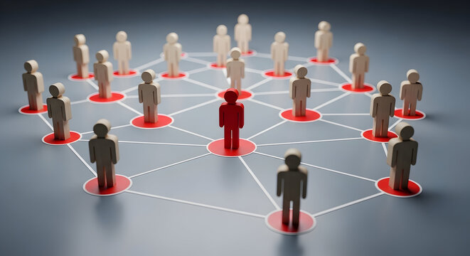 Dynamic red leader connecting diverse team members in a modern network structure, showcasing collaboration and influence