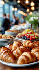 An assortment of pastries and fruits are arranged for an office breakfast or corporate event. Croissants are in foreground.