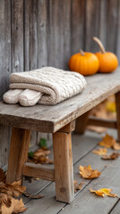 Cozy autumn scene with outdoor wooden bench, blanket, and pumpkins