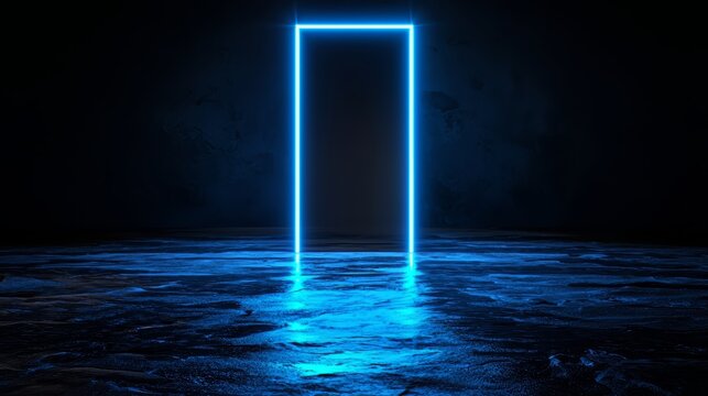 Blue lighted door is in the middle of a dark room. The blue light is shining on the door, making it stand out against the dark background. Scene is mysterious and intriguing