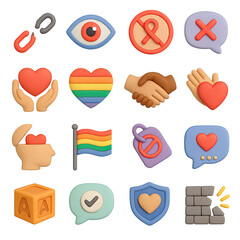 3d diversity and inclusion icon set featuring lgbtq, unity, mental health, consent, and communication symbols