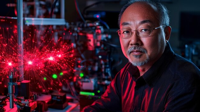 A focused scientist in a modern laboratory surrounded by advanced technology, showcasing innovation and research in physics.