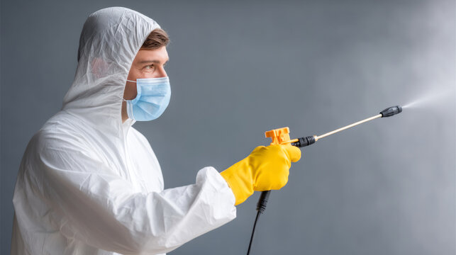 Professional cleaner in protective gear sanitizing surface with disinfectant spray - Powered by Adobe
