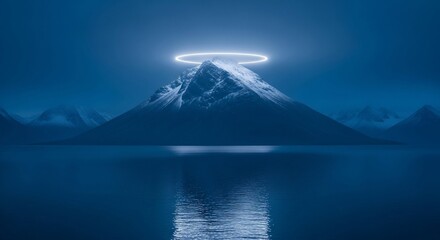 Sacred Peak A Luminous Halo Crowns a Snowy Mountain in a Blue Nocturne.