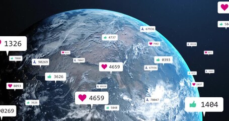 Starting rotating Earth globe mapping social engagement, icons appearing, counts rising then fading - Powered by Adobe