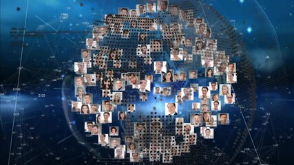 on loading professionals forming rotating globe of portraits with grid lines showing global network - Powered by Adobe