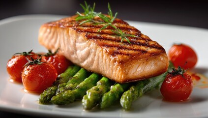 Grilled salmon fillet atop asparagus and roasted cherry tomatoes, artfully plated on a white square plate