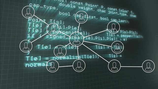 On start, user icons appearing, linking, pulsing, fading over scrolling code showing network growth