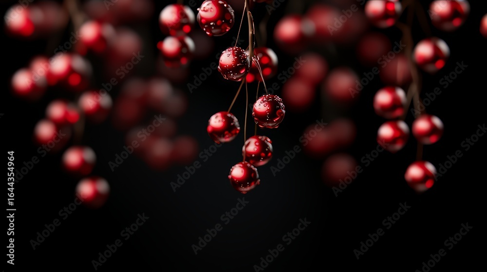 Wall mural close up of red berries hanging from a branch. the berries are shiny and appear to be sparkling