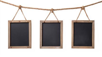 Mini Chalkboards Hanging on Rope with Natural Wood Frames isolated on transparent background Remove png, Clipping Path, pen tool