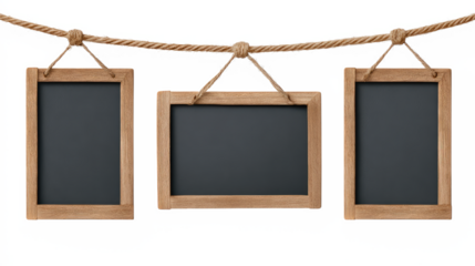 Mini Chalkboards Hanging on Rope with Natural Wood Frames isolated on transparent background Remove png, Clipping Path, pen tool