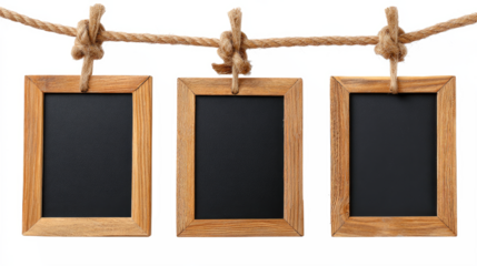 Mini Chalkboards Hanging on Rope with Natural Wood Frames isolated on transparent background Remove png, Clipping Path, pen tool