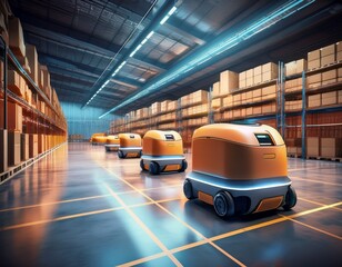 Fototapeta premium autonomous delivery robots navigate a modern warehouse optimizing logistics and revolutionizing supply chain automation