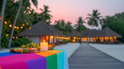 Beachfront resort boardwalk, sunset sky, tropical palm trees, glowing string lights, colorful table setup, romantic dinner setting, luxurious travel scene, serene island atmosphere, vacation paradise