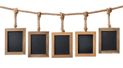 Mini Chalkboards Hanging on Rope with Natural Wood Frames isolated on transparent background Remove png, Clipping Path, pen tool