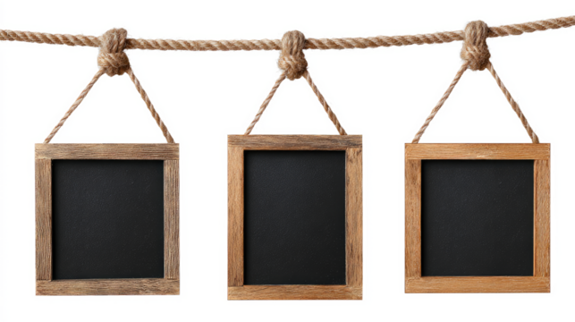 Mini Chalkboards Hanging on Rope with Natural Wood Frames isolated on transparent background Remove png, Clipping Path, pen tool