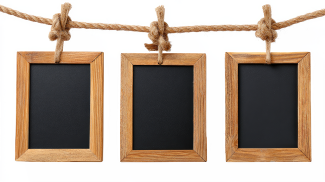 Mini Chalkboards Hanging on Rope with Natural Wood Frames isolated on transparent background Remove png, Clipping Path, pen tool